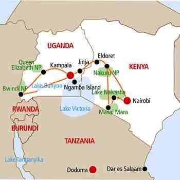 Wildlife Safari Route durch Kenia und zu Ugandas Gorillas
