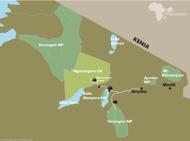 Reiseroute durch Tansania: Tarangire Nationalpark und Ngorongoro Krater