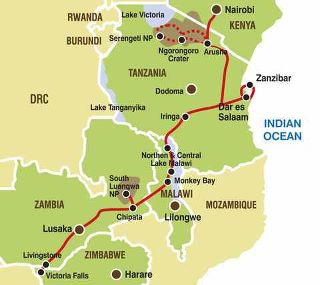 Reiseroute für die Safari: Von Nairobi, Kenia, nach Victoria Falls, Simbabwe