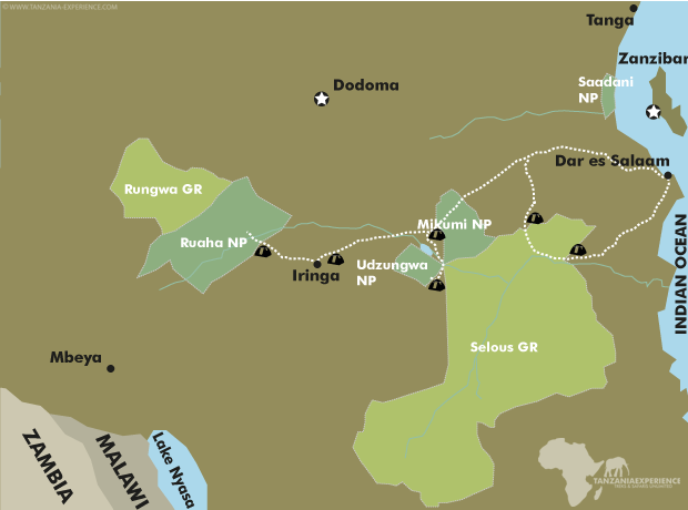 Camping Reiseroute durch den Süden Tansanias